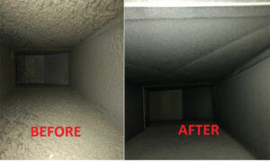 Side-by-Side comparison of inside ducting before and after cleaning.